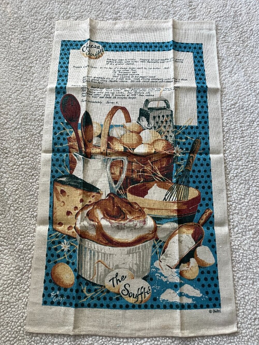 Vintage Kay Dee Linen Dish Tea Towel with Cheese Souffle Recipe Blue Tan